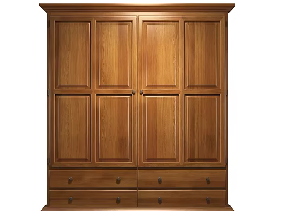 Wooden Wardrobe with Double Doors and Drawers Natural Wood Finish Classic Design 3d model
