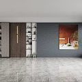 Modern Sofa Background Wall Design With Gray Wooden Cabinets Books Decorations Green Plants And Abstract Painting