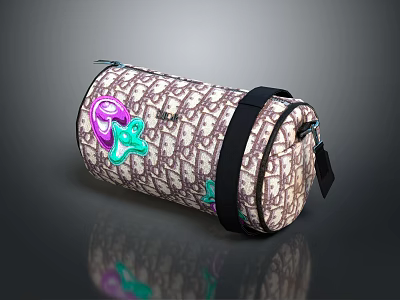 Stylish Patterned Duffel Bag With Purple Green Accents And Black Strap 3d model