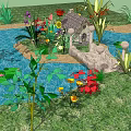 Cartoon Scene With Thatched Roof Hut Wooden Bridge Green Plants Red Flowers And Water