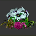 Vibrant Cartoon Scene With Blue And White Flowers Pink And Green Leaves