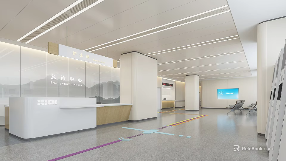 Modern Hospital Lobby Reception Center With Information Desk Direction Lines And Display Screen 3d model 