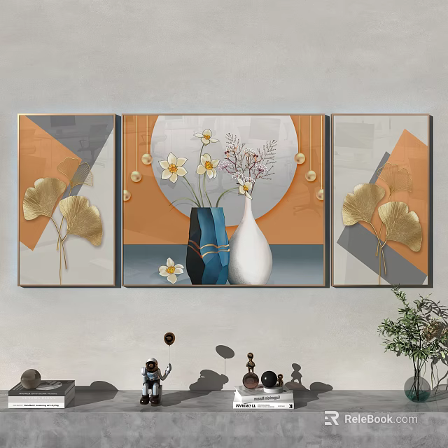 Three Panel Wall Art With Geometric Patterns Golden Ginkgo Leaves And Vases 3d model