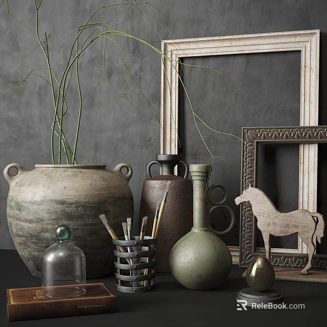 Decorative Ornament Set With Clay Pots Vases Paintbrushes Wooden Frames Horse Figure And Green Plants 3d model 