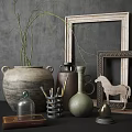 Decorative Ornament Set With Clay Pots Vases Paintbrushes Wooden Frames Horse Figure And Green Plants