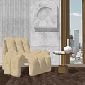 Modern Curved Beige Fabric Single Chair In Interior With Side Table And City View