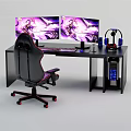 Gaming Desk Setup With Dual Monitors Gaming Chair Headphones And PC Case