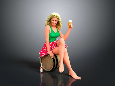 Blonde Woman In Green Top Red Skirt On Wooden Barrel Holding Beer Glass And Bottle 3d model