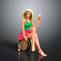 Blonde Woman In Green Top Red Skirt On Wooden Barrel Holding Beer Glass And Bottle