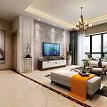 Modern Living And Dining Room With White Sofa Chandelier TV Decorative Paintings And Dining Set
