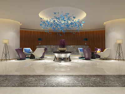 Elegant Hotel Lobby Interior With Blue Chandelier Stylish Seating And Marble Floor 3d model