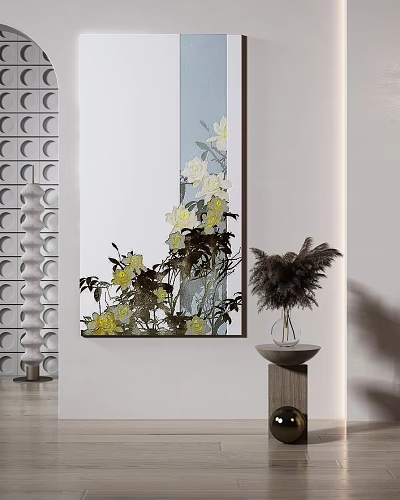 Modern Minimalist Interior With Large Floral Painting Feathery Plant Vase And Hollow Circular Wall 3d model