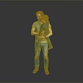Man In Green Shirt Holding Child With Blue Pants Against Gray Background