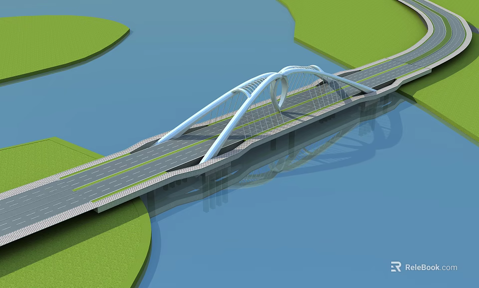 Modern Arched Bridge Over Water With Roadway And Green Land Reflections 3d model 