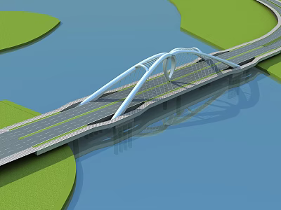 Modern Arched Bridge Over Water With Roadway And Green Land Reflections 3d model