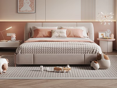 Cozy Kids Bed with Soft Padded Headboard Pink White Pillows and Toys on Bedroom Carpet 3d model
