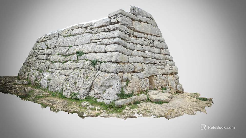 Ancient Stone Wall Ruins Composed Of Stacked Stones Mossy Grass And Base With Dirt Stones 3d model 