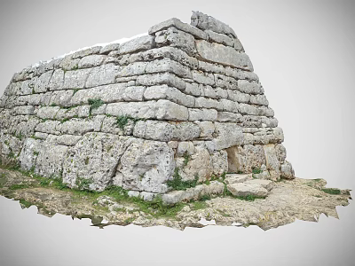 Ancient Stone Wall Ruins Composed Of Stacked Stones Mossy Grass And Base With Dirt Stones 3d model
