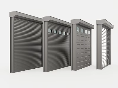 Gray Metal Doors With Various Designs Including Roll Up Panel And Grille Styles 3d model