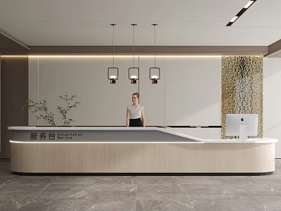 Modern Reception Desk With Female Receptionist Decorative Backdrop Wall Pendant Lights And Green Plants 3d model