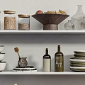 Organized Kitchenware On White Shelves With Jars Bowls Plates Vases And Fruits
