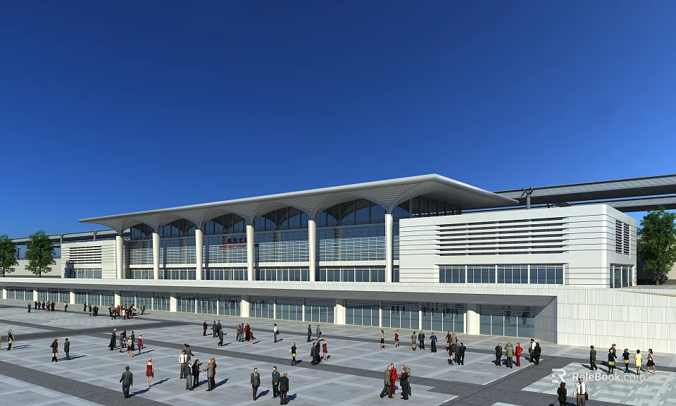 Modern Public Building Exterior With Open Square And Crowded Pedestrians Under Blue Sky 3d model 