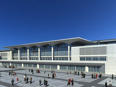Modern Public Building Exterior With Open Square And Crowded Pedestrians Under Blue Sky 3d model
