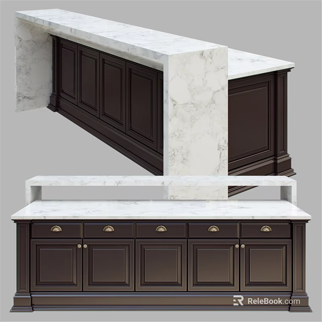 Dark Wood Kitchen Cabinets With White Marble Countertop And Metal Handle Drawers 3d model 