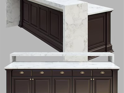 Dark Wood Kitchen Cabinets With White Marble Countertop And Metal Handle Drawers 3d model