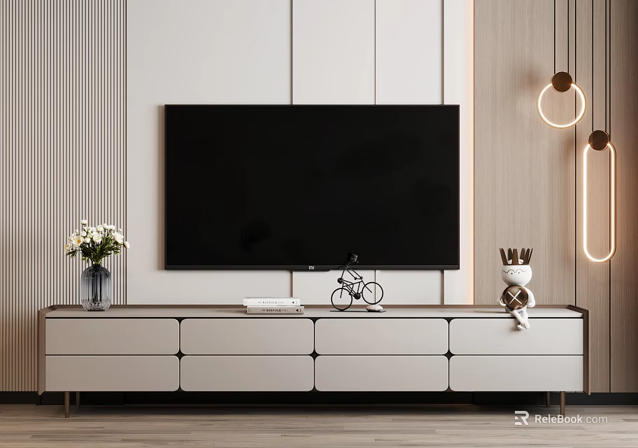 Light Colored TV Stand With TV And Decor In Modern Living Room 3d model 