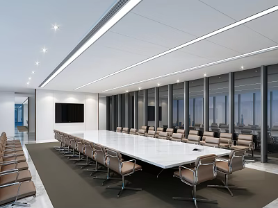 Modern Conference Room Interior With Long Table Multiple Chairs Ceiling Lights And Glass Windows 3d model
