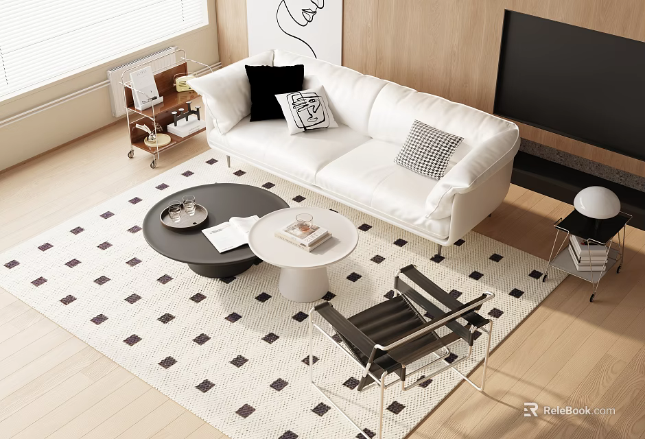 Modern White Sofa Coffee Table Set With Black White Pillows And Checkered Rug 3d model