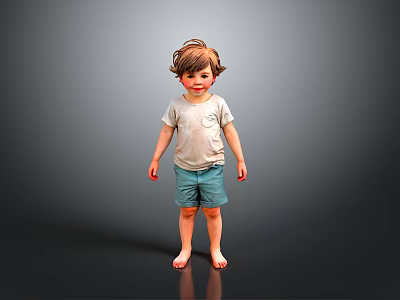 Child in Light Gray T-Shirt and Blue Shorts Standing Barefoot Against Dark Background 3d model