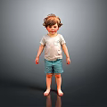 Child in Light Gray T-Shirt and Blue Shorts Standing Barefoot Against Dark Background