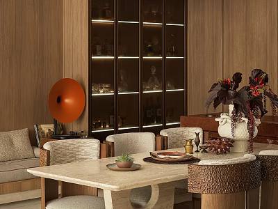 Elegant Restaurant Interior With Wooden Walls Glass Fronted Display Cabinet Orange Pendant Lamp And Marble Dining Table 3d model