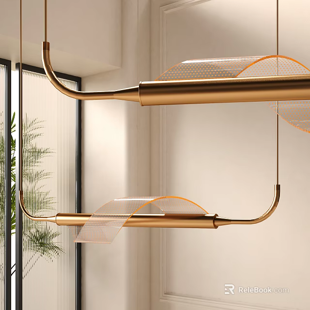 Modern Gold Curved Metal Chandelier With Mesh Shade In Interior Space With Plant 3d model 
