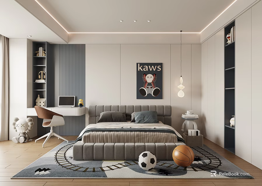 Stylish Kids Room Interior With Bed Geometric Rug Soccer Ball Basketball Desk Chair KAWS Poster 3d model 