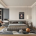 Stylish Kids Room Interior With Bed Geometric Rug Soccer Ball Basketball Desk Chair KAWS Poster