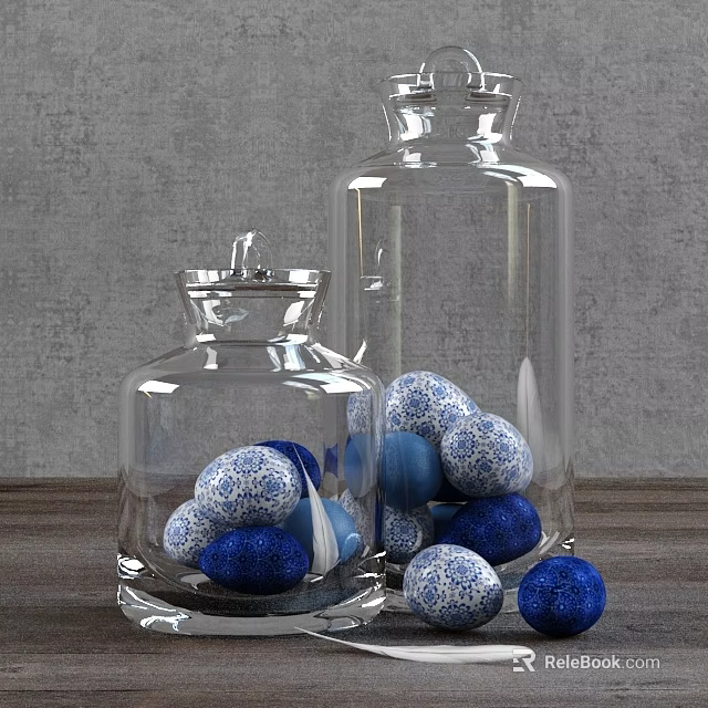 Decorative Ceramic Balls In Transparent Glass Jars On Wooden Tabletop With Gray Background 3d model 