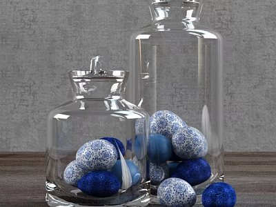 Decorative Ceramic Balls In Transparent Glass Jars On Wooden Tabletop With Gray Background 3d model