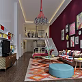 Modern Living Room TV Stand With White Shelves TV And Colorful Decor On Purple Walls