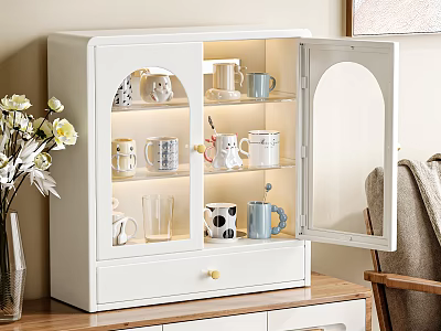 Decorative Ornaments Set Displayed in Open White Cabinet with Arched Doors Mugs and Glass Cups 3d model