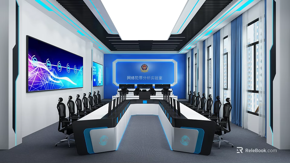 Modern Monitoring Room With Large Screen Displays Control Consoles And Black Chairs 3d model 
