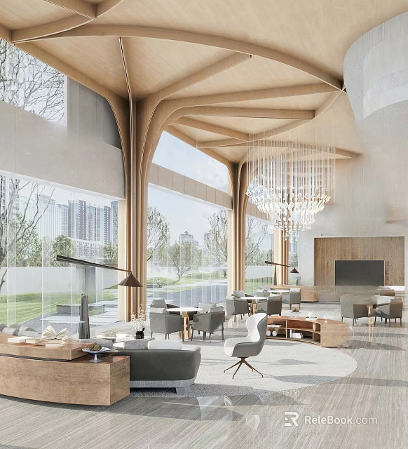 Modern Sales Office Interior With Wooden Beam Structure Large Windows Hanging Chandelier And Comfortable Furniture 3d model 