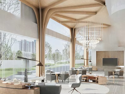 Modern Sales Office Interior With Wooden Beam Structure Large Windows Hanging Chandelier And Comfortable Furniture 3d model