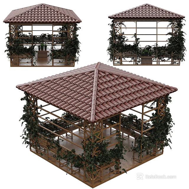 Outdoor Garden Gazebo With Red Tiled Roof Wooden Frame And Green Vines 3d model 