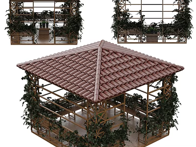 Outdoor Garden Gazebo With Red Tiled Roof Wooden Frame And Green Vines 3d model