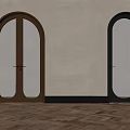 Brown and Black Arched Swing Doors with Ribbed Glass on Beige Wall and Dark Floor