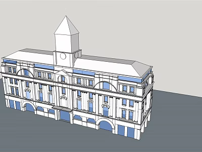 Multi Story Office Building With Clock Tower Arched Windows And Blue Accents 3d model