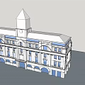 Multi Story Office Building With Clock Tower Arched Windows And Blue Accents